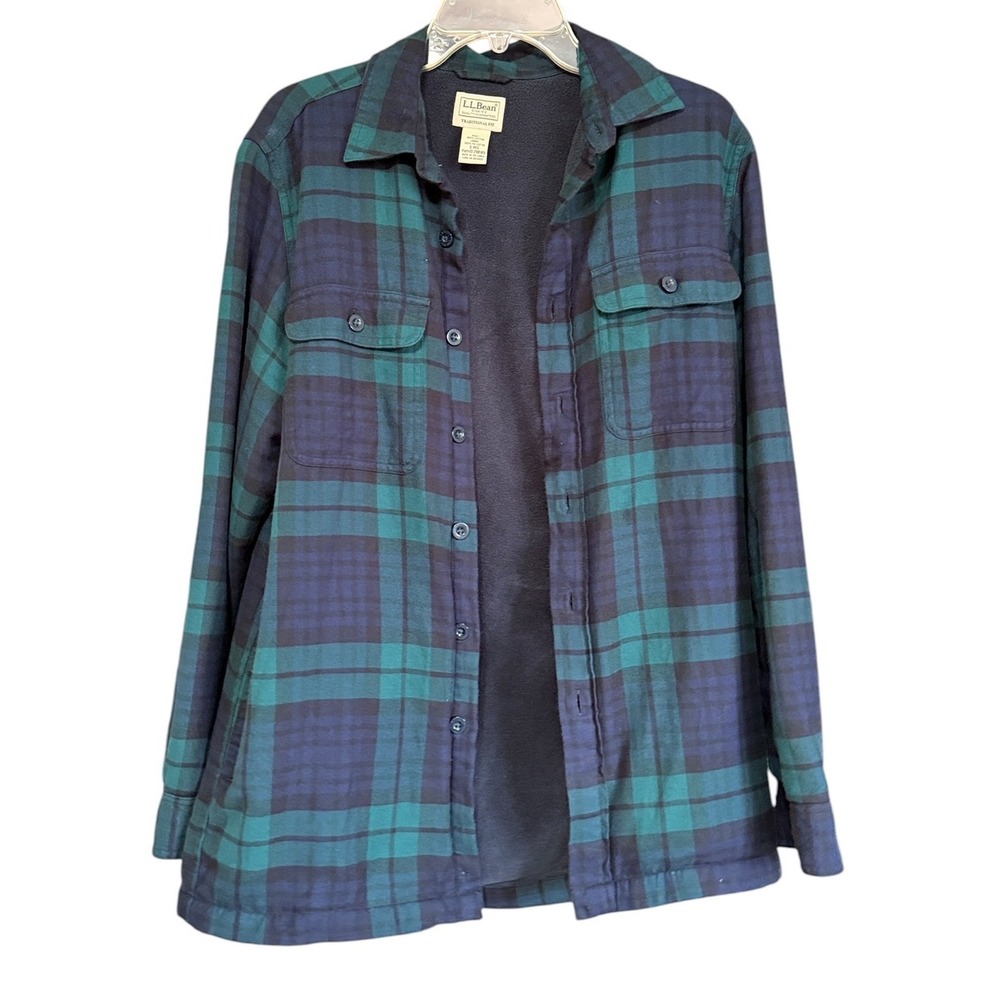 LL Bean Mens Fleece Lined Flannel Shirt Jacket Black Watch Plaid Green S Shacket